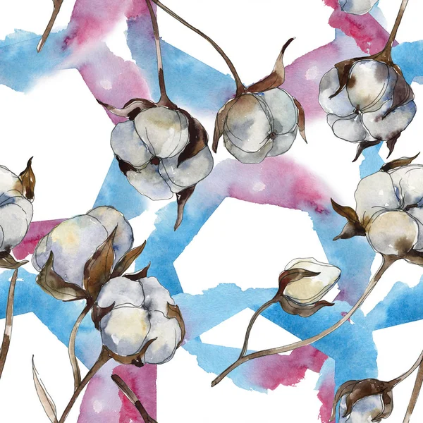 Biały bawełna kwiatowy kwiatów botanicznych. Zestaw ilustracji akwarela. Płynny wzór tła. — Zdjęcie stockowe