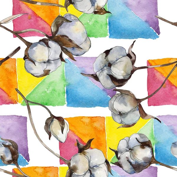 Beyaz pamuk çiçek botanik çiçekler. Suluboya illüstrasyon seti. Kesintisiz arka plan deseni.