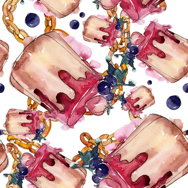 Lezzetli pasta ve çörek suluboya tarzında. Suluboya resim ayarlayın. Sorunsuz arka plan deseni.