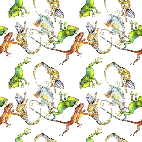 Exotic iguana wild animal. Watercolor background illustration set. Seamless background pattern. — Stock Photo, Image