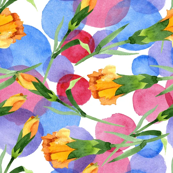 노란색 dianthus 꽃 식물 꽃입니다. 수채화 배경 일러스트 세트입니다. 원활한 배경 패턴. — 스톡 사진