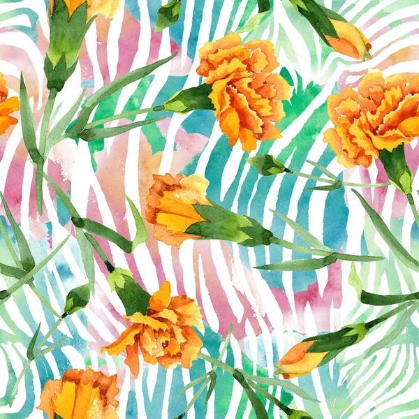 Flores botánicas florales dianthus amarillas. Conjunto de ilustración de fondo acuarela. Patrón de fondo sin costuras . — Foto de Stock