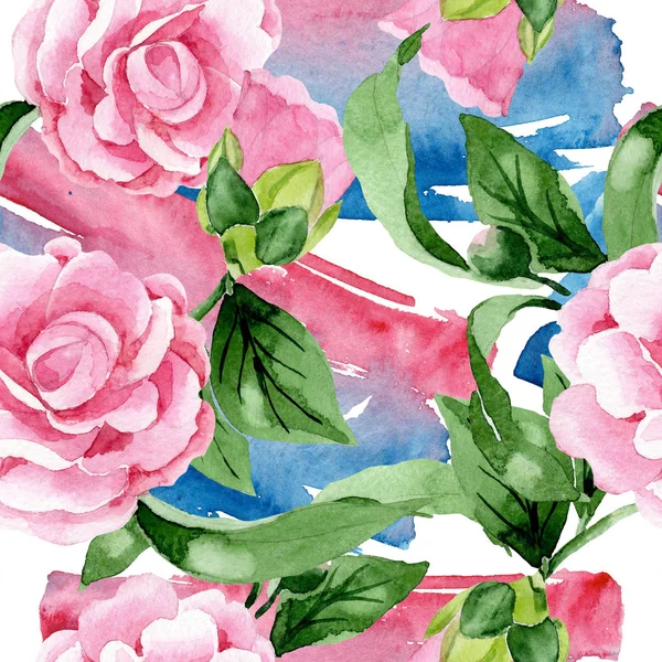 Camélia rosa flores botânicas florais. Conjunto de ilustração de fundo aquarela. Padrão de fundo sem costura . — Fotografia de Stock