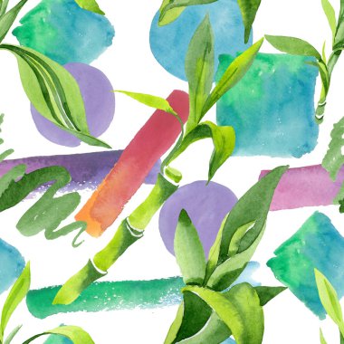 Bambu yeşil yaprakları. Suluboya arka plan illüstrasyon seti. Kesintisiz arka plan deseni.