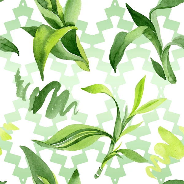 Bambusowe zielone liście. Akwarela zestaw ilustracji tła. Płynny wzór tła. — Zdjęcie stockowe