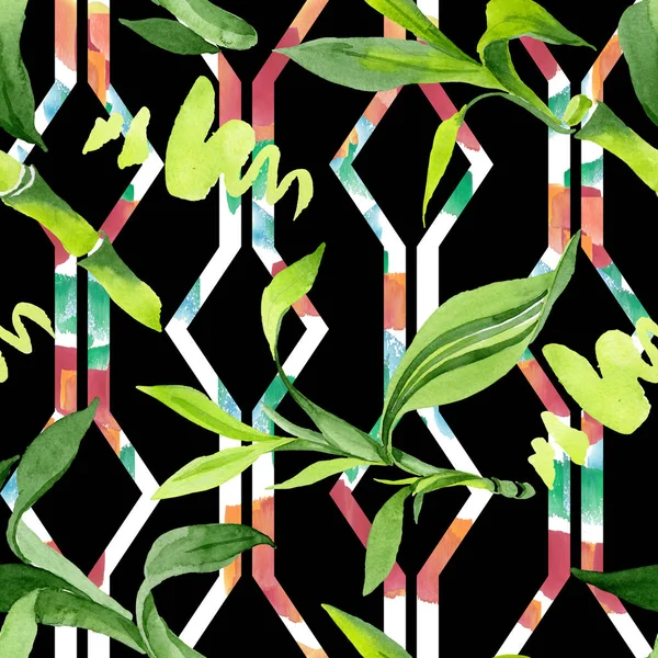 Bambu yeşil yaprakları. Suluboya arka plan illüstrasyon seti. Kesintisiz arka plan deseni. — Stok fotoğraf