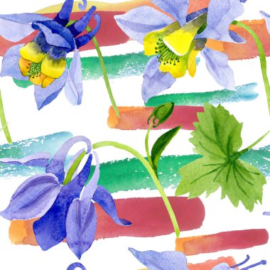 Mavi sarı brugmansia çiçek botanik çiçekler. Suluboya arka plan illüstrasyon seti. Kesintisiz arka plan deseni.