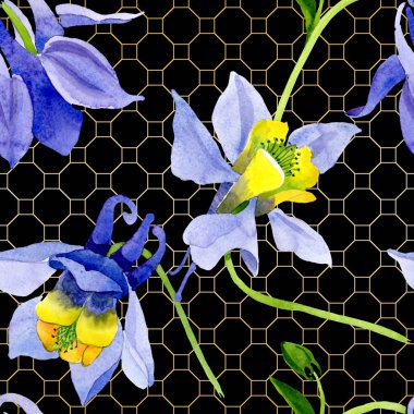 Mavi sarı brugmansia çiçek botanik çiçekler. Suluboya arka plan illüstrasyon seti. Kesintisiz arka plan deseni.