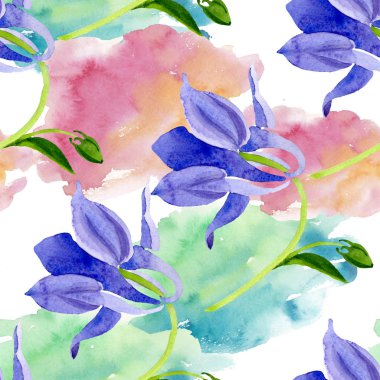 Mavi sarı brugmansia çiçek botanik çiçekler. Suluboya arka plan illüstrasyon seti. Kesintisiz arka plan deseni.