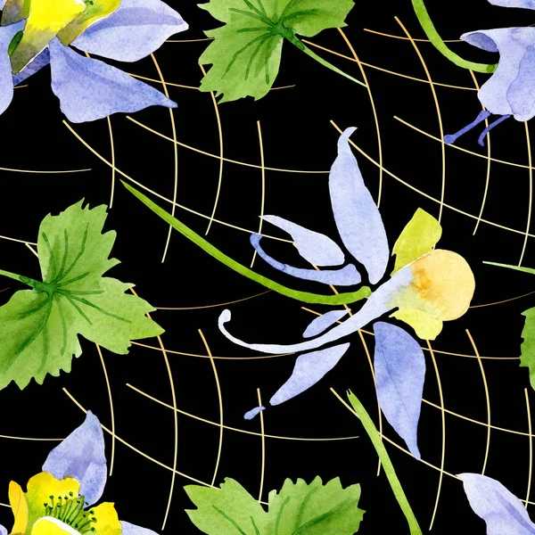 Blue yellow brugmansia floral botanical flowers. Watercolor background illustration set. Seamless background pattern.