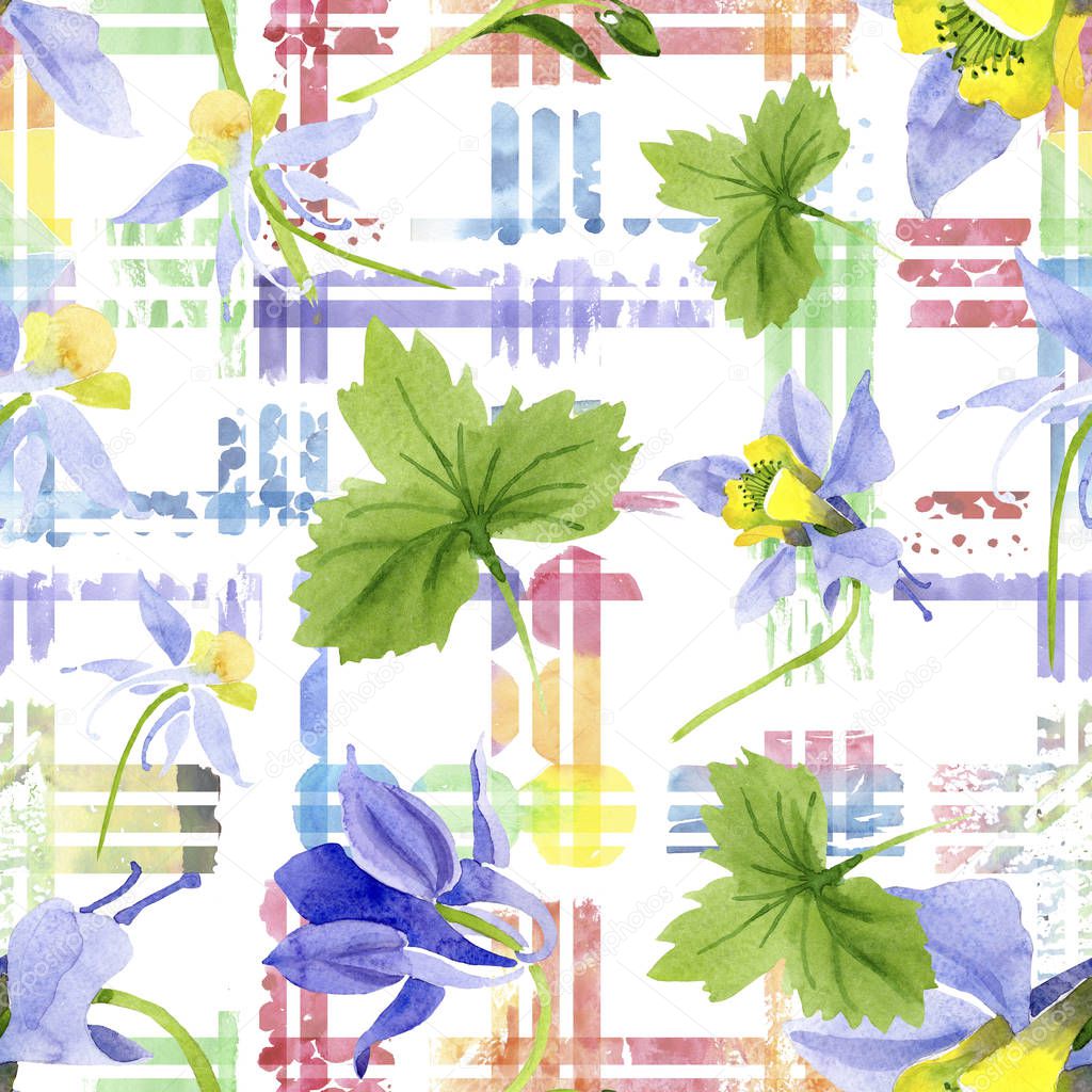 Blue yellow brugmansia floral botanical flowers. Watercolor background illustration set. Seamless background pattern.
