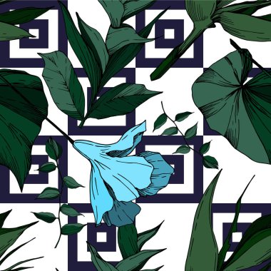 Vektör Tropikal çiçekler ve izole yaprakları. Siyah ve beyaz oyulmuş mürekkep sanatı. Kesintisiz arka plan deseni.