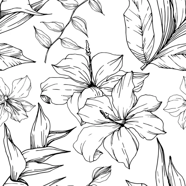 Vector Tropical flowers and leaves isolated. Black and white engraved ink art. Seamless background pattern. — Stock Vector