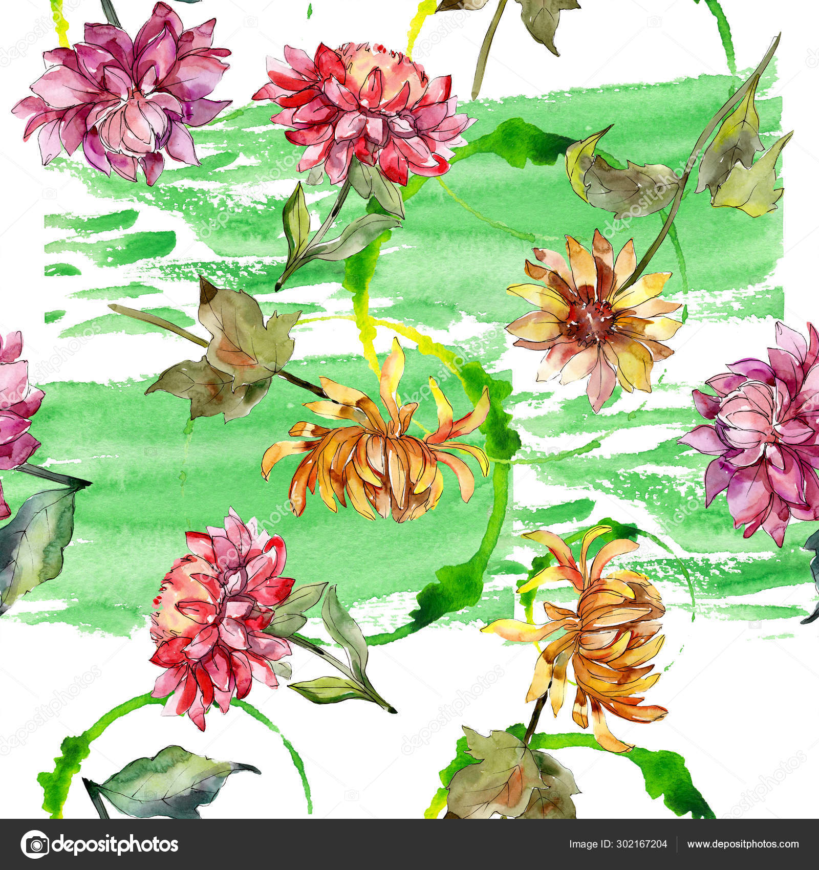 ミシャエルマスデイジーフローラル植物の花 水彩背景イラストセット