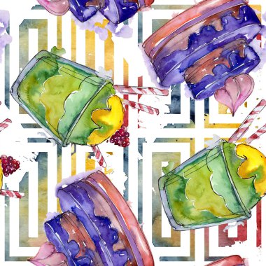 Suluboya tarzında lezzetli kek. Suluboya illüstrasyon seti. Kesintisiz arka plan deseni.