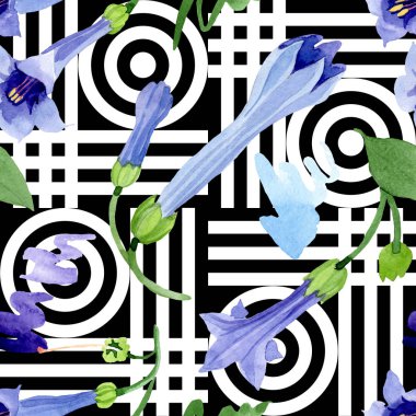 Mavi brugmansia çiçek botanik çiçekleri. Suluboya arka plan illüstrasyon seti. Kesintisiz arka plan deseni.