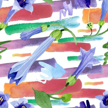 Mavi brugmansia çiçek botanik çiçekleri. Suluboya arka plan illüstrasyon seti. Kesintisiz arka plan deseni.