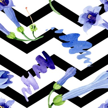 Mavi brugmansia çiçek botanik çiçekleri. Suluboya arka plan illüstrasyon seti. Kesintisiz arka plan deseni.