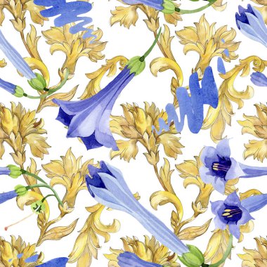 Mavi brugmansia çiçek botanik çiçekleri. Suluboya arka plan illüstrasyon seti. Kesintisiz arka plan deseni.