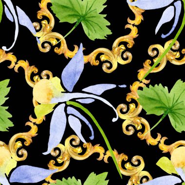 Mavi sarı brugmansia çiçek botanik çiçekler. Suluboya arka plan illüstrasyon seti. Kesintisiz arka plan deseni.