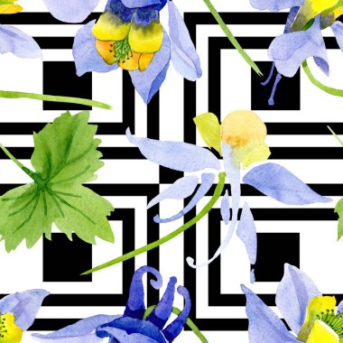 Mavi sarı brugmansia çiçek botanik çiçekler. Suluboya arka plan illüstrasyon seti. Kesintisiz arka plan deseni.