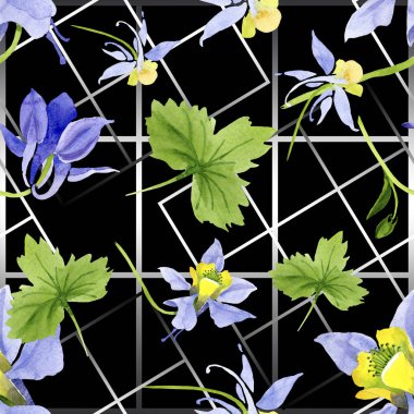 Mavi sarı brugmansia çiçek botanik çiçekler. Suluboya arka plan illüstrasyon seti. Kesintisiz arka plan deseni.