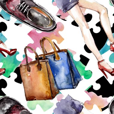 Moda kroki glamour çizimde bir suluboya stil izole öğesi. Sorunsuz arka plan deseni.