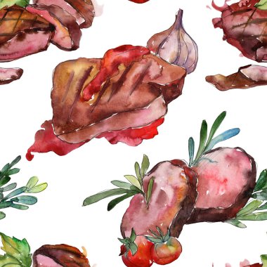 Izgara biftek lezzetli yemek. Suluboya arka plan illüstrasyon seti. Kesintisiz arka plan deseni.