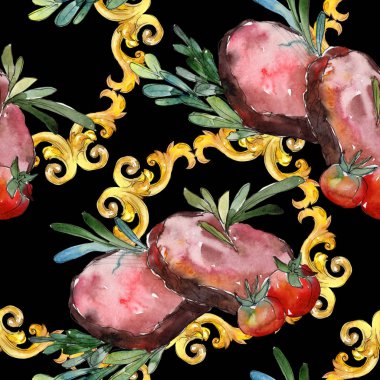 Izgara biftek lezzetli yemek. Suluboya arka plan illüstrasyon seti. Kesintisiz arka plan deseni.