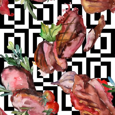 Izgara biftek lezzetli yemek. Suluboya arka plan illüstrasyon seti. Kesintisiz arka plan deseni.