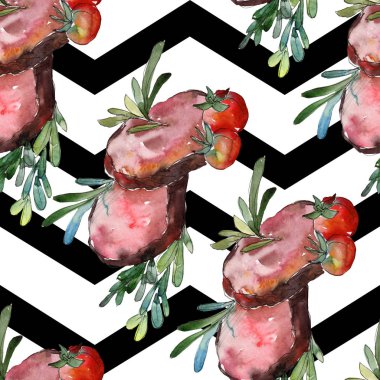 Izgara biftek lezzetli yemek. Suluboya arka plan illüstrasyon seti. Kesintisiz arka plan deseni.