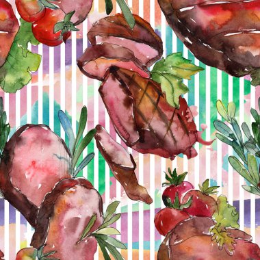 Izgara biftek lezzetli yemek. Suluboya arka plan illüstrasyon seti. Kesintisiz arka plan deseni.