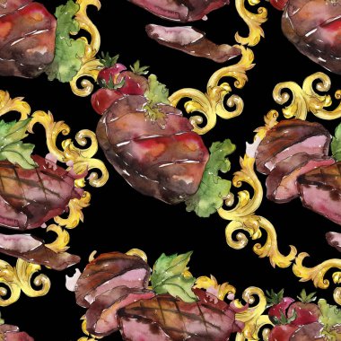 Izgara biftek lezzetli yemek. Suluboya arka plan illüstrasyon seti. Kesintisiz arka plan deseni.