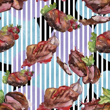 Izgara biftek lezzetli yemek. Suluboya arka plan illüstrasyon seti. Kesintisiz arka plan deseni.