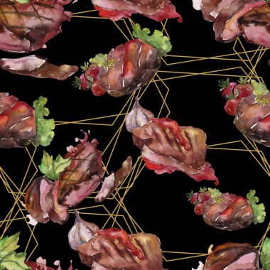 Izgara biftek lezzetli yemek. Suluboya arka plan illüstrasyon seti. Kesintisiz arka plan deseni.