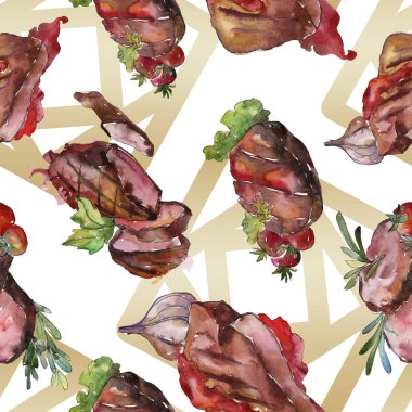 Izgara biftek lezzetli yemek. Suluboya arka plan illüstrasyon seti. Kesintisiz arka plan deseni.