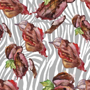 Izgara biftek lezzetli yemek. Suluboya arka plan illüstrasyon seti. Kesintisiz arka plan deseni.