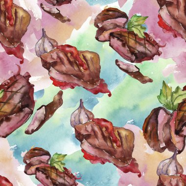 Izgara biftek lezzetli yemek. Suluboya arka plan illüstrasyon seti. Kesintisiz arka plan deseni.