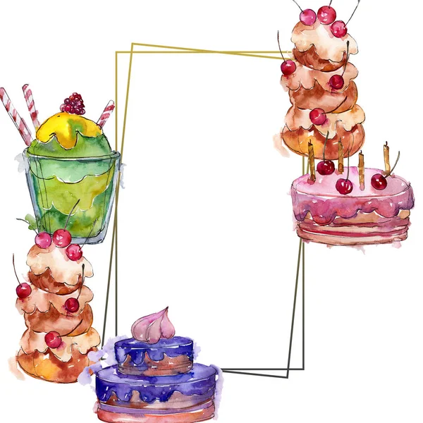 Νόστιμο κέικ σε ένα φαγητό στυλ υδατογραφίας. Σετ εικονογράφησης φόντου. Κορνίζα περίγραμμα στολίδι τετράγωνο. — Φωτογραφία Αρχείου