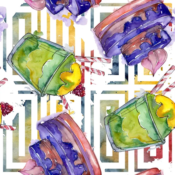 Suluboya tarzında lezzetli kek. Suluboya illüstrasyon seti. Kesintisiz arka plan deseni.