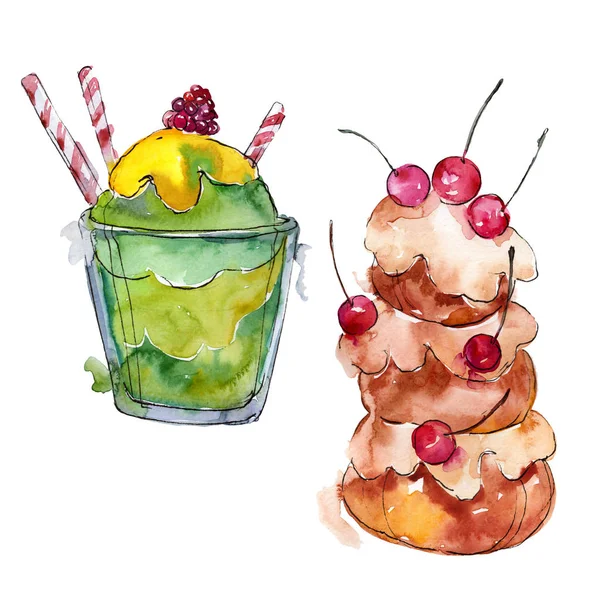 Leckeren Kuchen im Aquarell-Stil. Hintergrund Illustrationen gesetzt. Aquarellzeichnung Mode-Aquarell. — Stockfoto