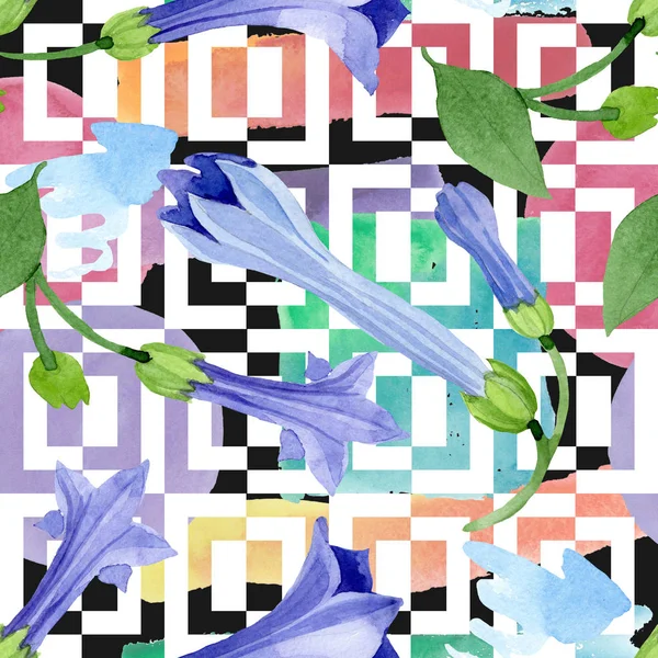 Blauwe Brugmansia bloemen botanische bloemen. Aquarel achtergrond illustratie instellen. Naadloos achtergrond patroon. — Stockfoto
