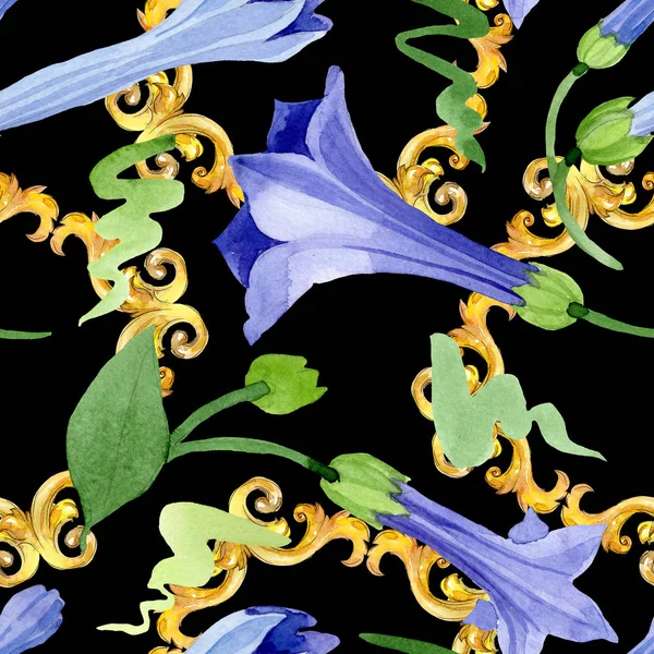 Brugmansia azul flores botánicas florales. Conjunto de ilustración de fondo acuarela. Patrón de fondo sin costuras . —  Fotos de Stock