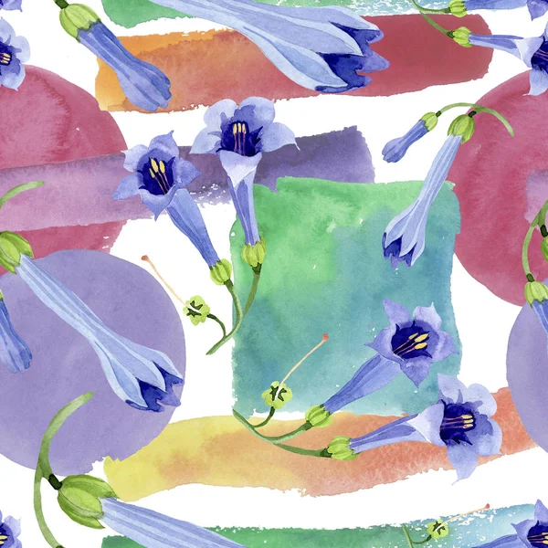 蓝色布鲁格曼西亚花卉植物花。水彩背景插图集。无缝背景模式. — 图库照片