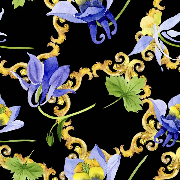 Brugmansia azul amarilla flores botánicas florales. Conjunto de ilustración de fondo acuarela. Patrón de fondo sin costuras . —  Fotos de Stock