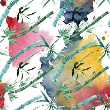 Bambu yeşil yaprakları ve sapları. Suluboya arka plan illüstrasyon seti. Kesintisiz arka plan deseni.