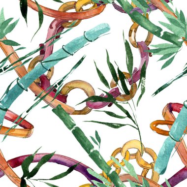 Bambu yeşil yaprakları ve sapları. Suluboya arka plan illüstrasyon seti. Kesintisiz arka plan deseni.