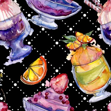 Sulu Boya stilinde lezzetli dondurma. Aquarelle şekerli tatlı şekilde ayarlayın. Sorunsuz arka plan deseni.