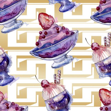 Sulu Boya stilinde lezzetli dondurma. Aquarelle şekerli tatlı şekilde ayarlayın. Sorunsuz arka plan deseni.