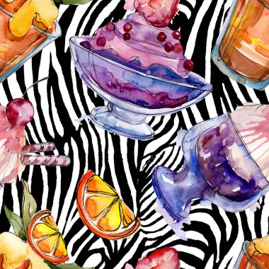 Sulu Boya stilinde lezzetli dondurma. Aquarelle şekerli tatlı şekilde ayarlayın. Sorunsuz arka plan deseni.